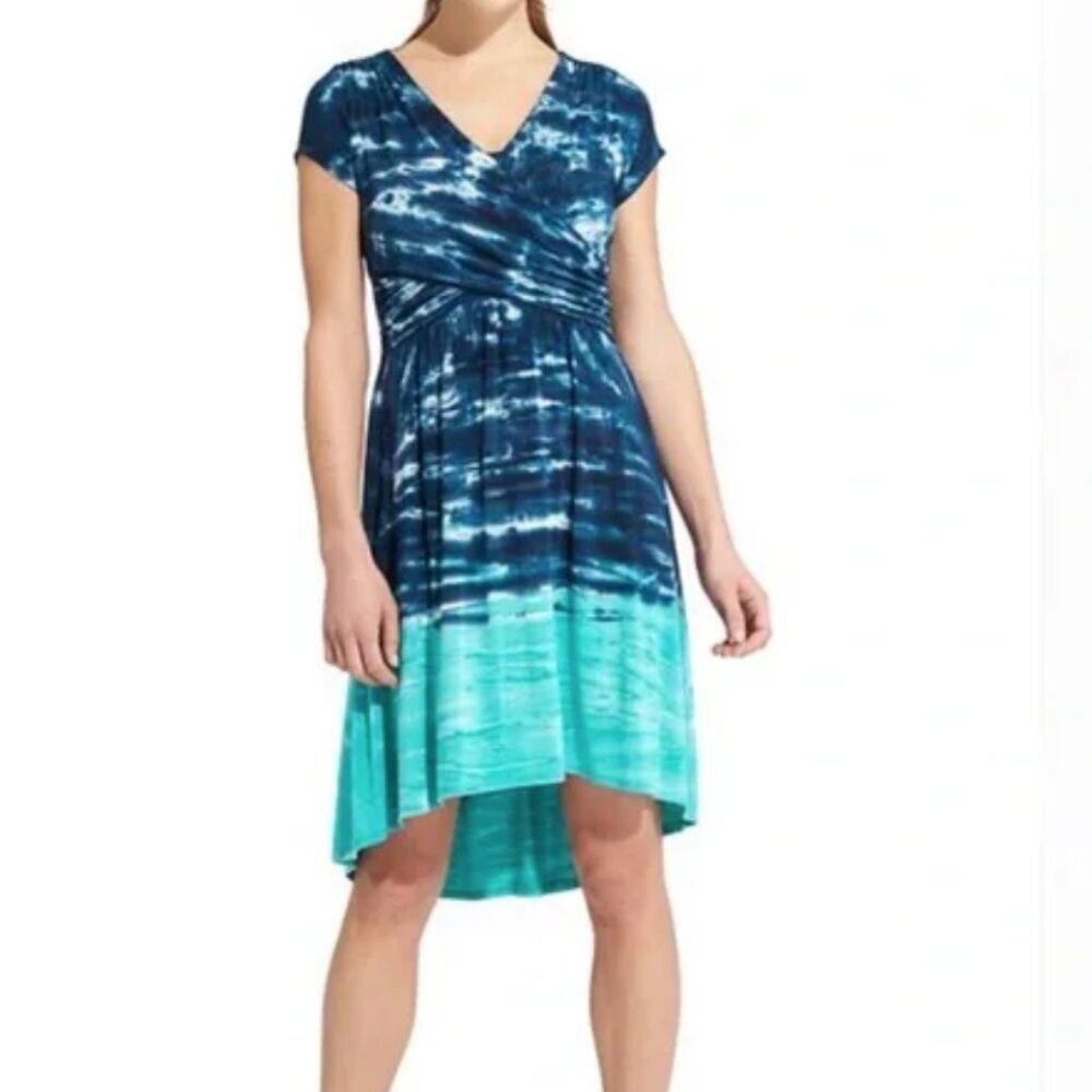Athleta Sweet Waters Dress Faux Wrap Women's Size S Tye-Dye Blue Beachy Flowy